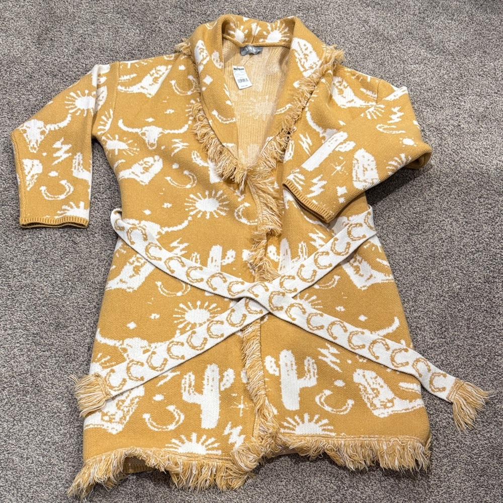 Western-Inspired Mustard Fringe Knit Cardigan